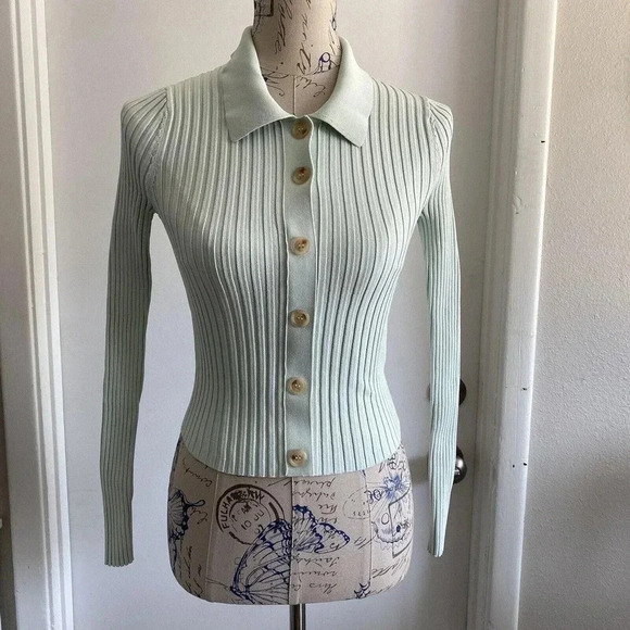 JONATHAN SIMKHAI Shirt‎ Womens Small Elsi Rib Polo Cardigan Pistachio Green Top - Picture 10 of 16